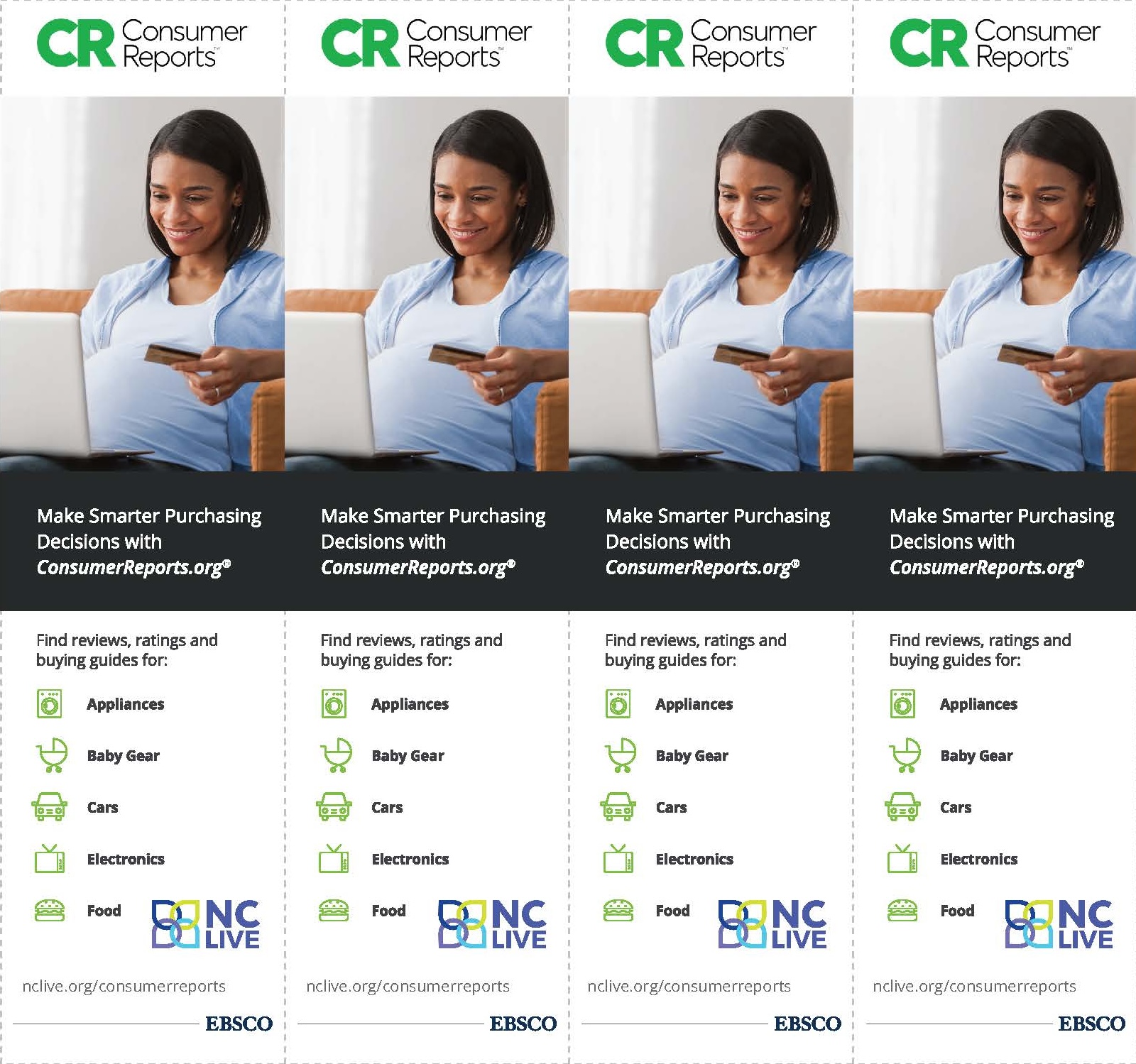 Four Consumer Reports bookmarks with a woman working at a computer. 