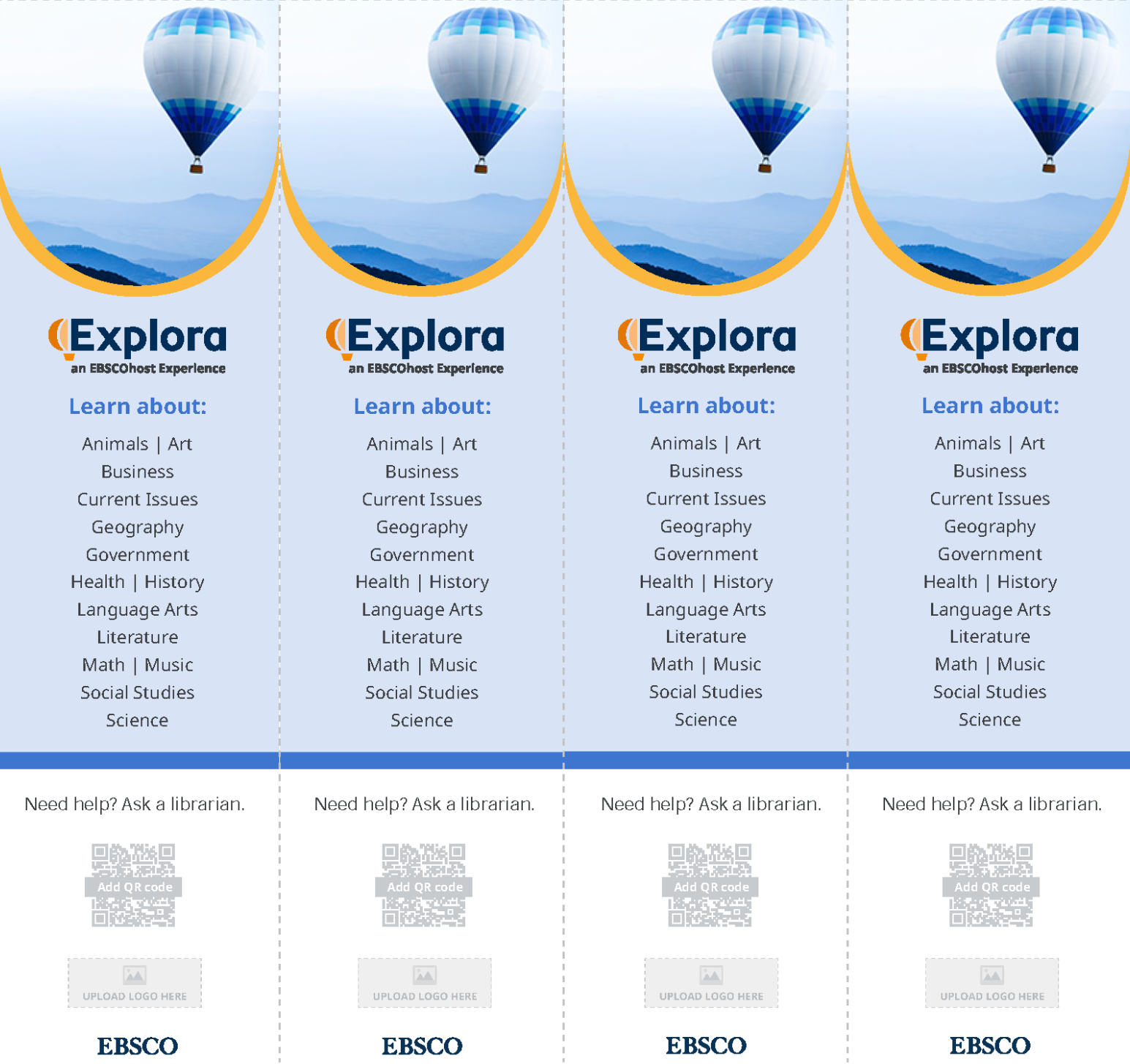 Four blue Explora bookmarks with hot air balloons at the top.