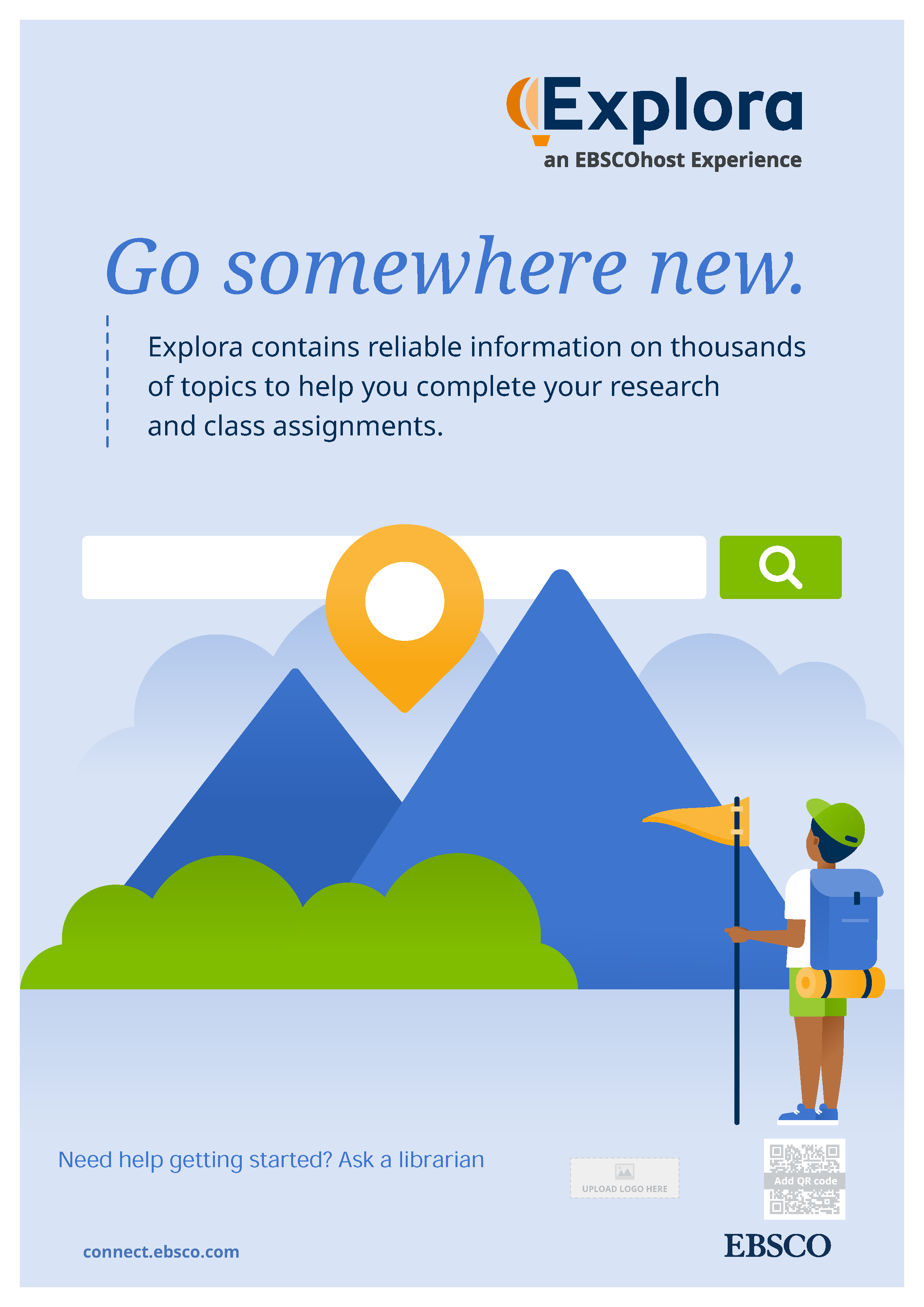 A blue poster with cartoon mountains and a search bar above them with the text "Go somewhere new."