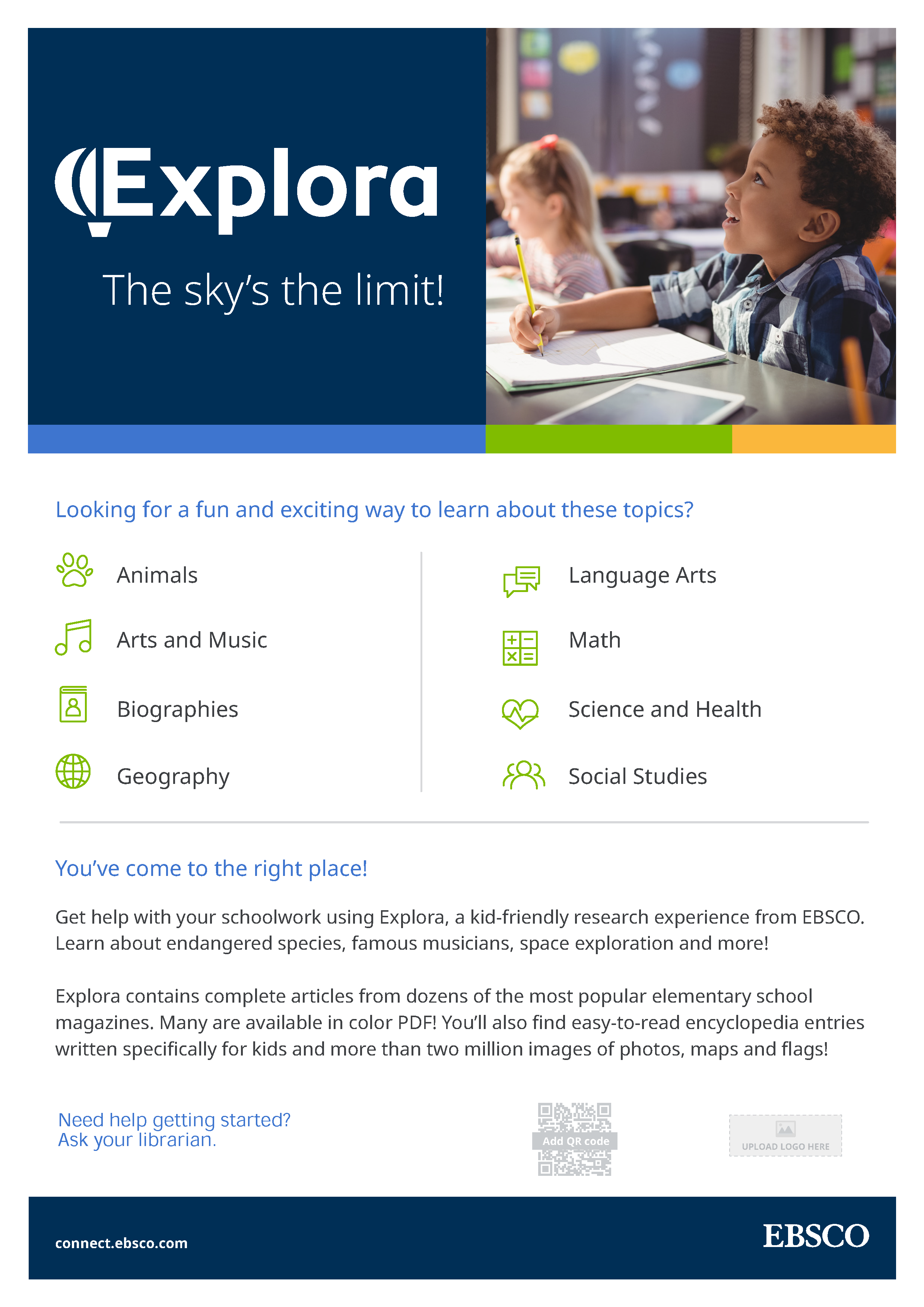 Information about Explora with a photo of two children in a classroom in the top right corner.