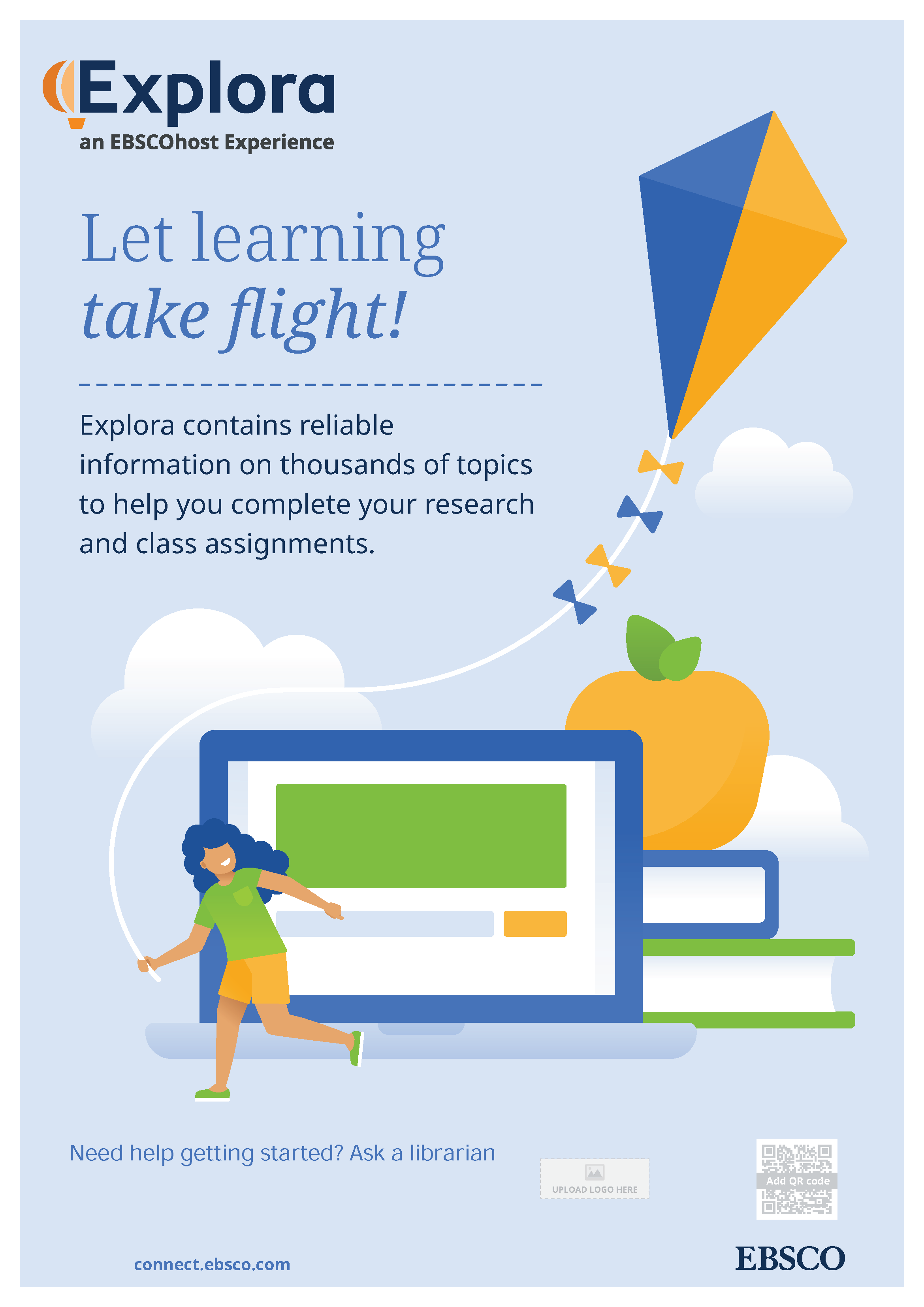 A blue poster with a cartoon of a person flying a kite in front of a large computer screen.