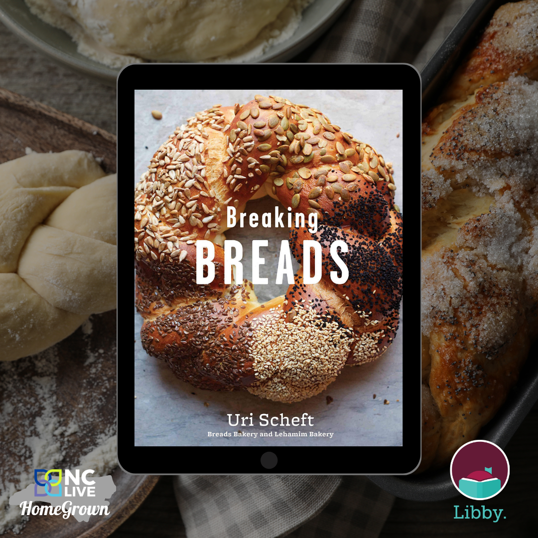 A tablet showing the cover of "Breaking Breads" cookbook.