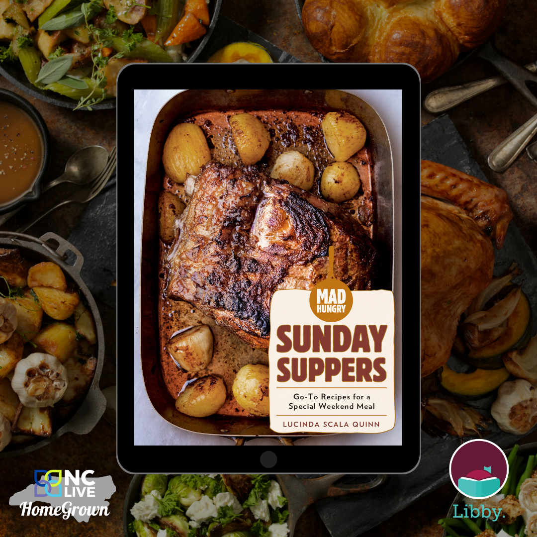 A tablet showing the cover of the "Sunday Suppers" cookbook.