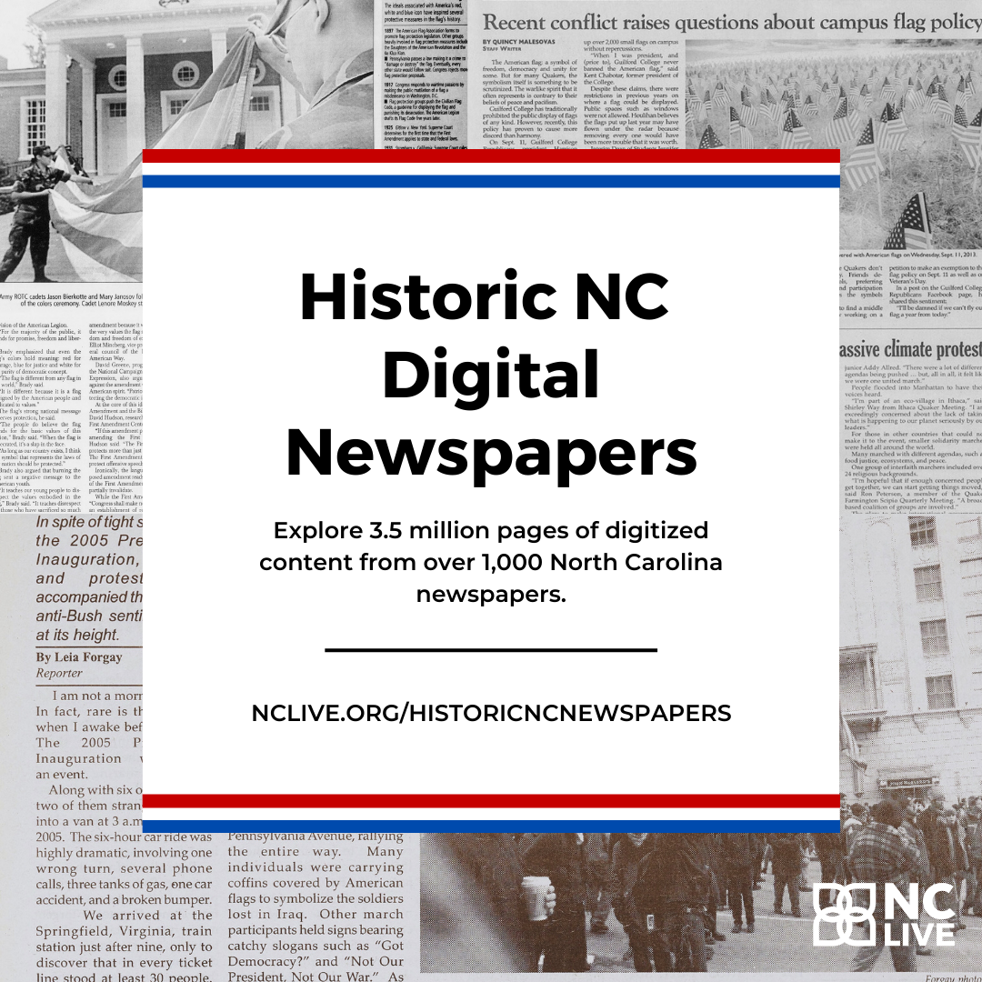 A background of newspapers behind text reading "Historic NC Digital Newspapers" with a red, white, and blue banner.