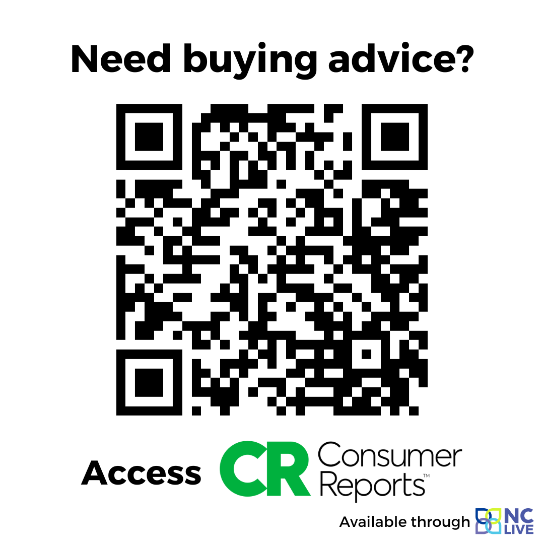 A QR Code with the Consumer Reports and NC LIVE logos.