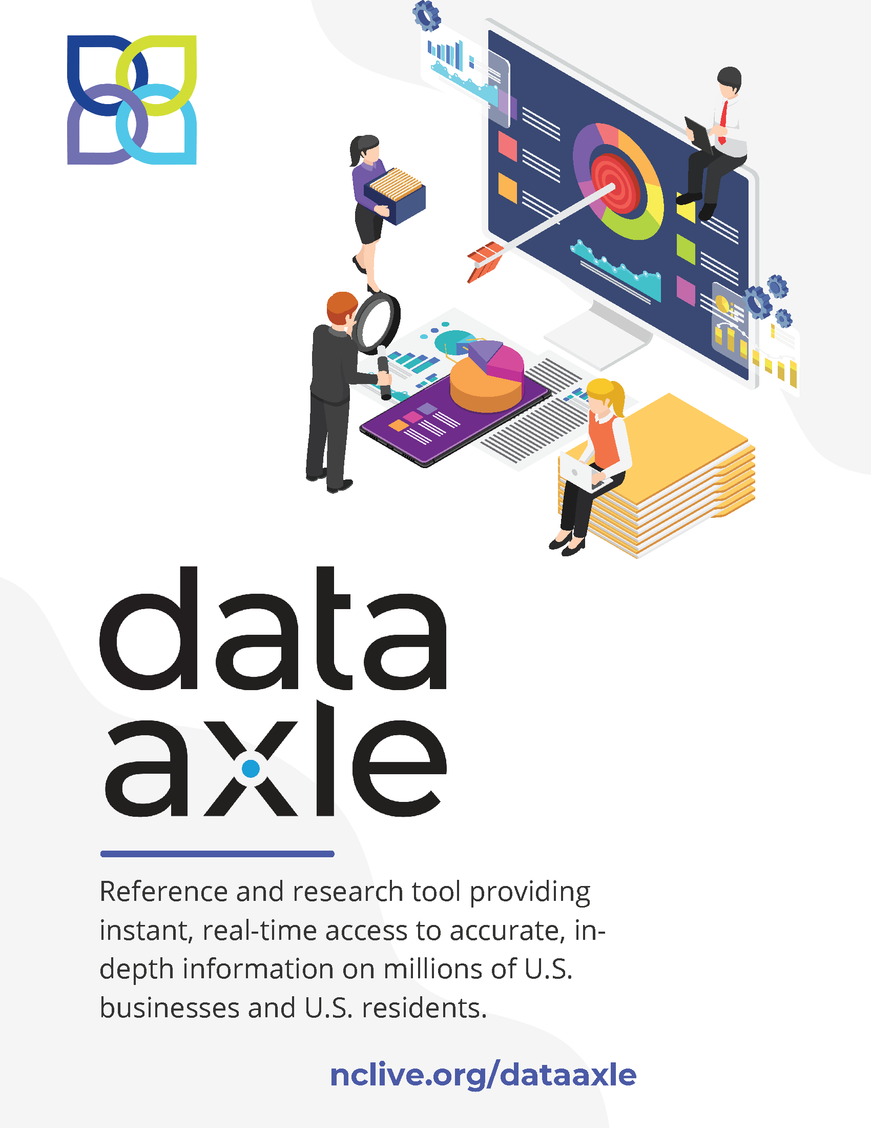 Cartoon people working around a giant screen with an arrow in the center of a target. Below is information about Data-Axle.