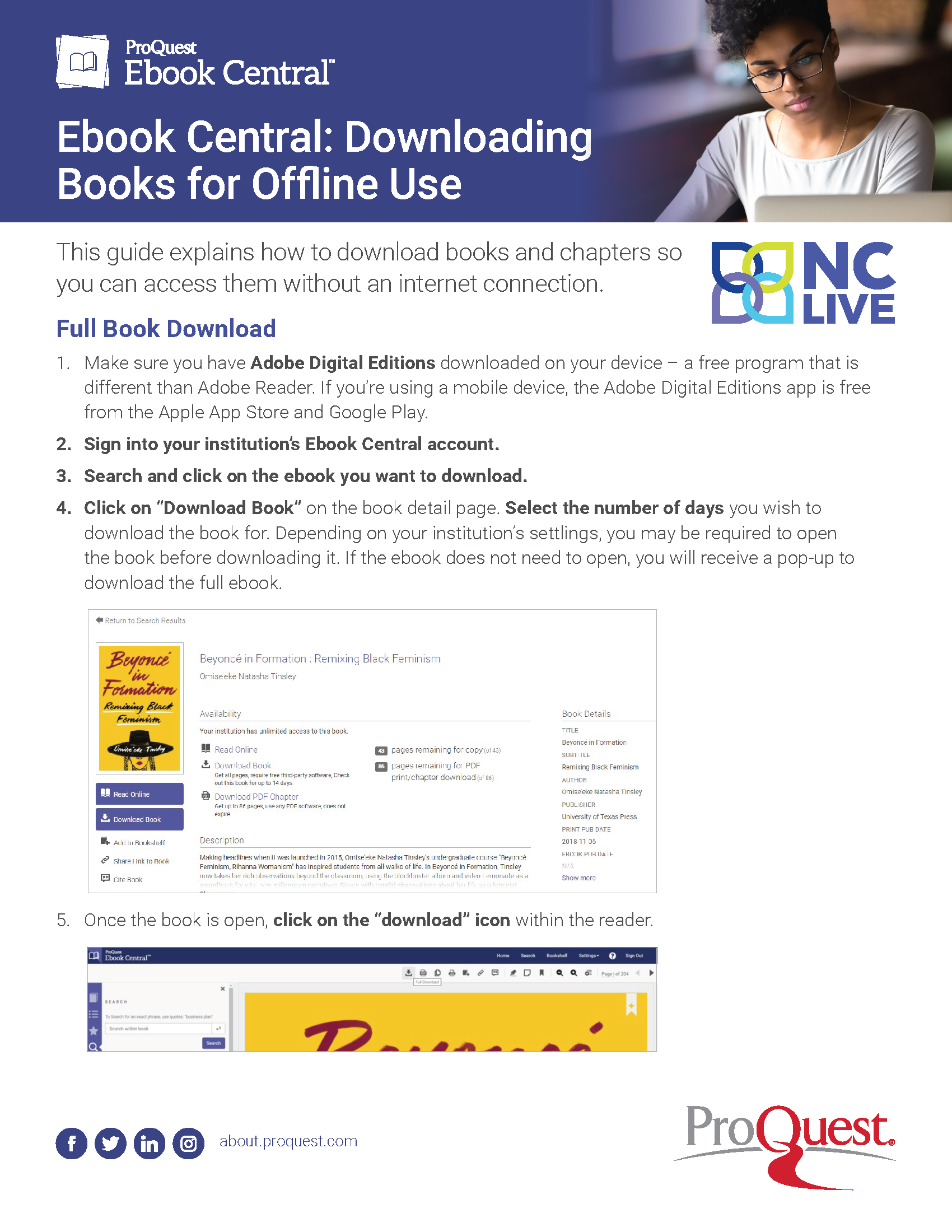 Instructions explaining how to download ebooks on Ebook Central.