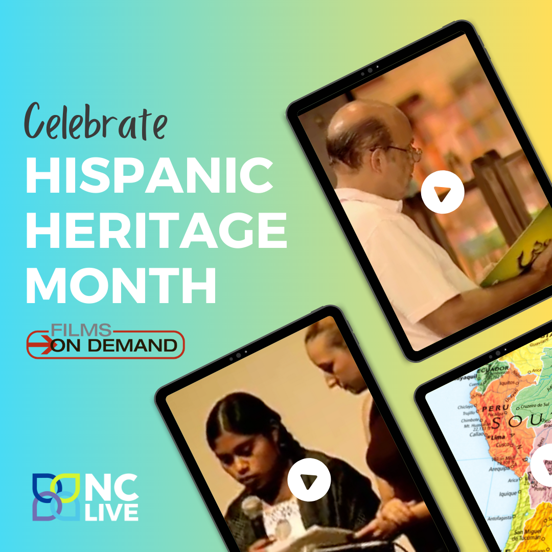 Three tablets showing videos alongside text reading, "Celebrate Hispanic Heritage Month."