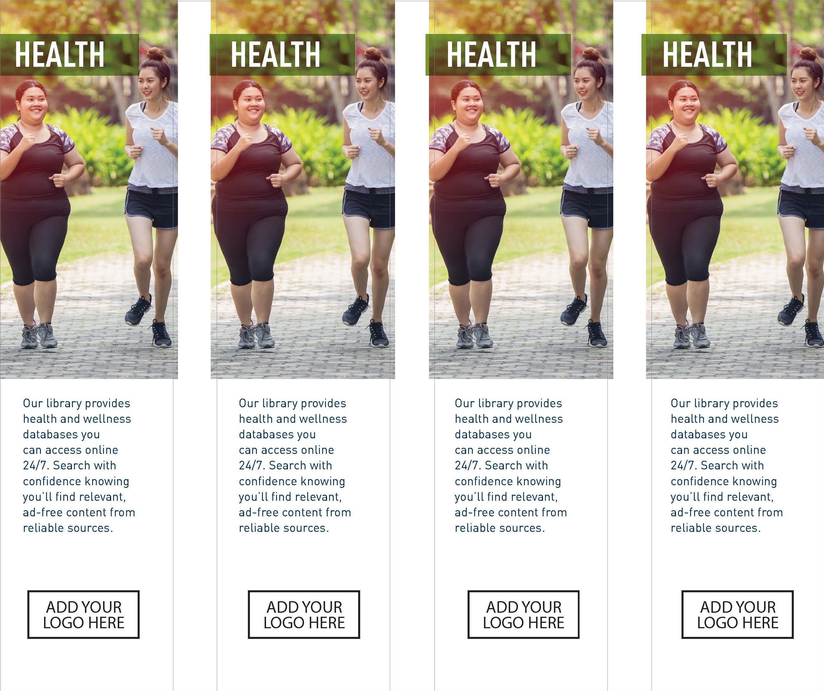 Four bookmarks with two people jogging together and information about finding health topics in Gale ebooks.