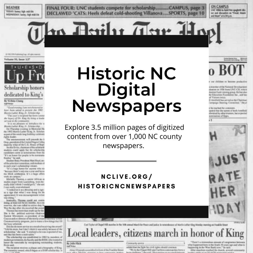 A clipping from the Daily Tar Heel with a black-and-white box over it advertising the newspaper collection.