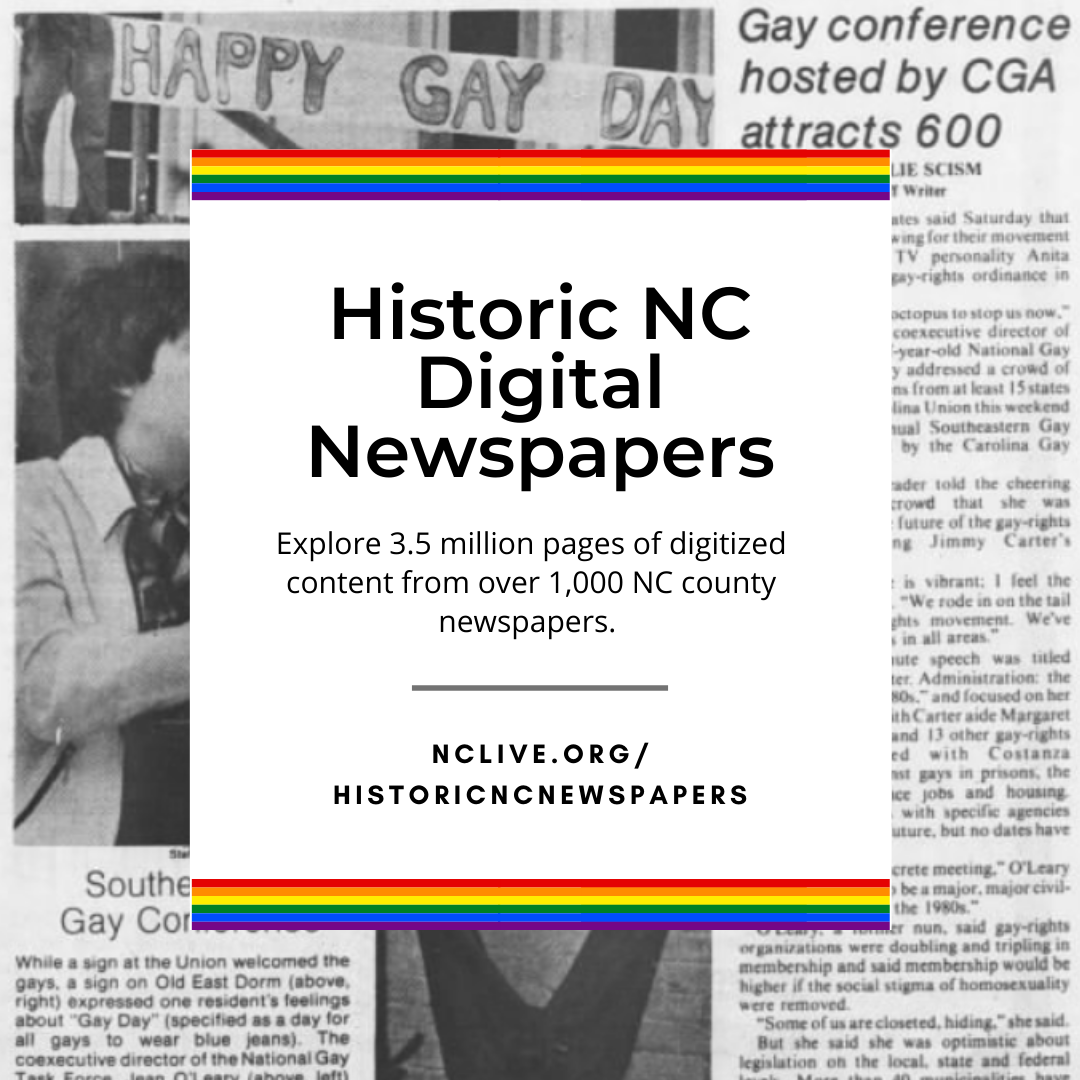 Newspaper clippings with a rainbow banner for the newspaper collection superimposed over them.