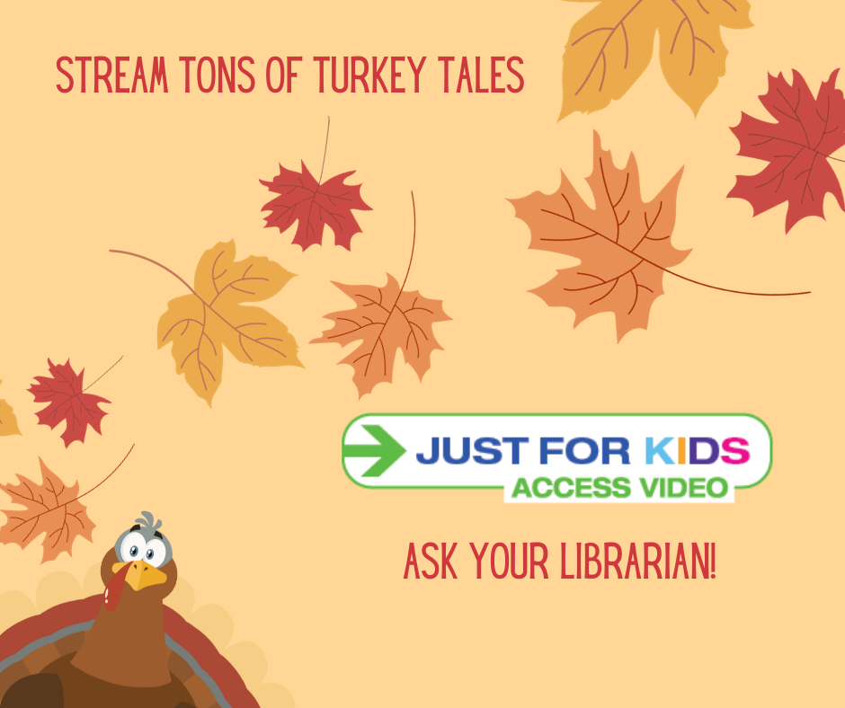 A cartoon turkey in the bottom left corner and fall leaves swirling around "Stream tons of turkey tails."