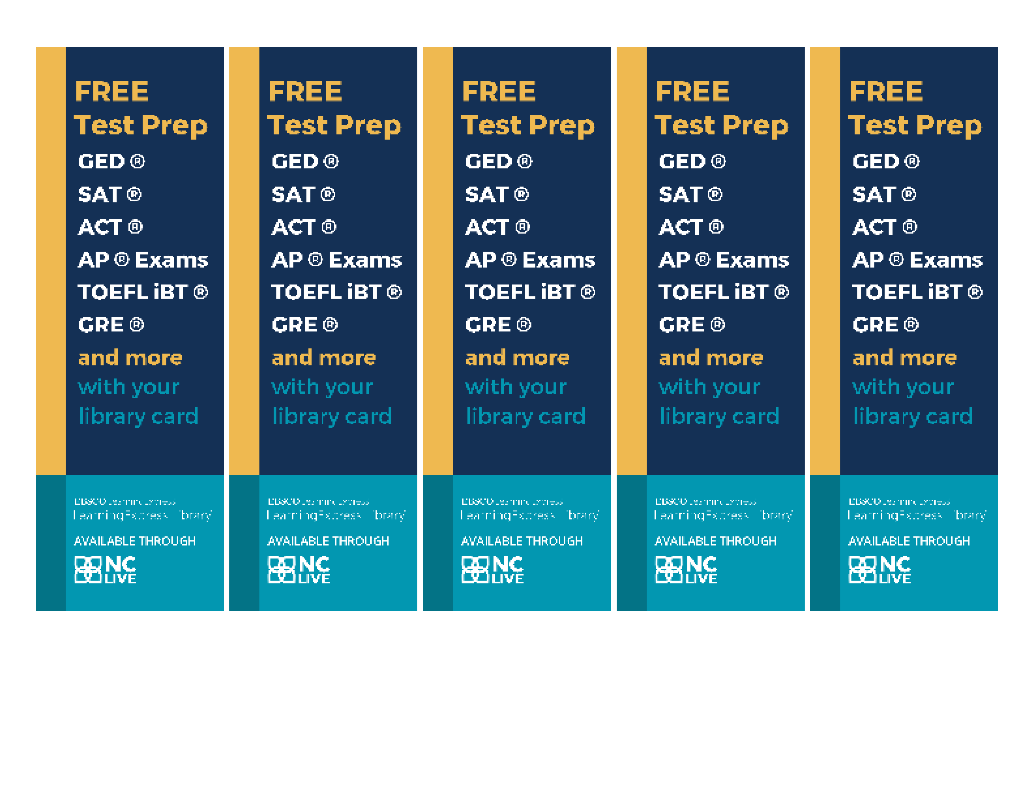 Five blue and yellow bookmarks with examples of tests available on LearningExpress.