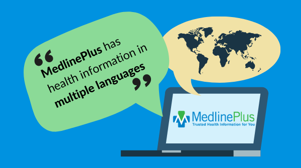 wo bubble quotes that contain the text, 'MedlinePlus has health information in multiple languages' and 'MedlinePlus brinda infomacion de salud en varios idiomas.' MedlinePlus logo.