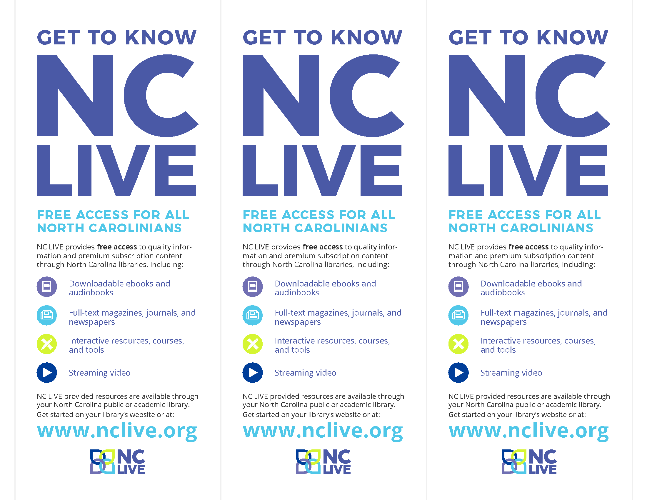 Three rack cards with information about NC LIVE resources.