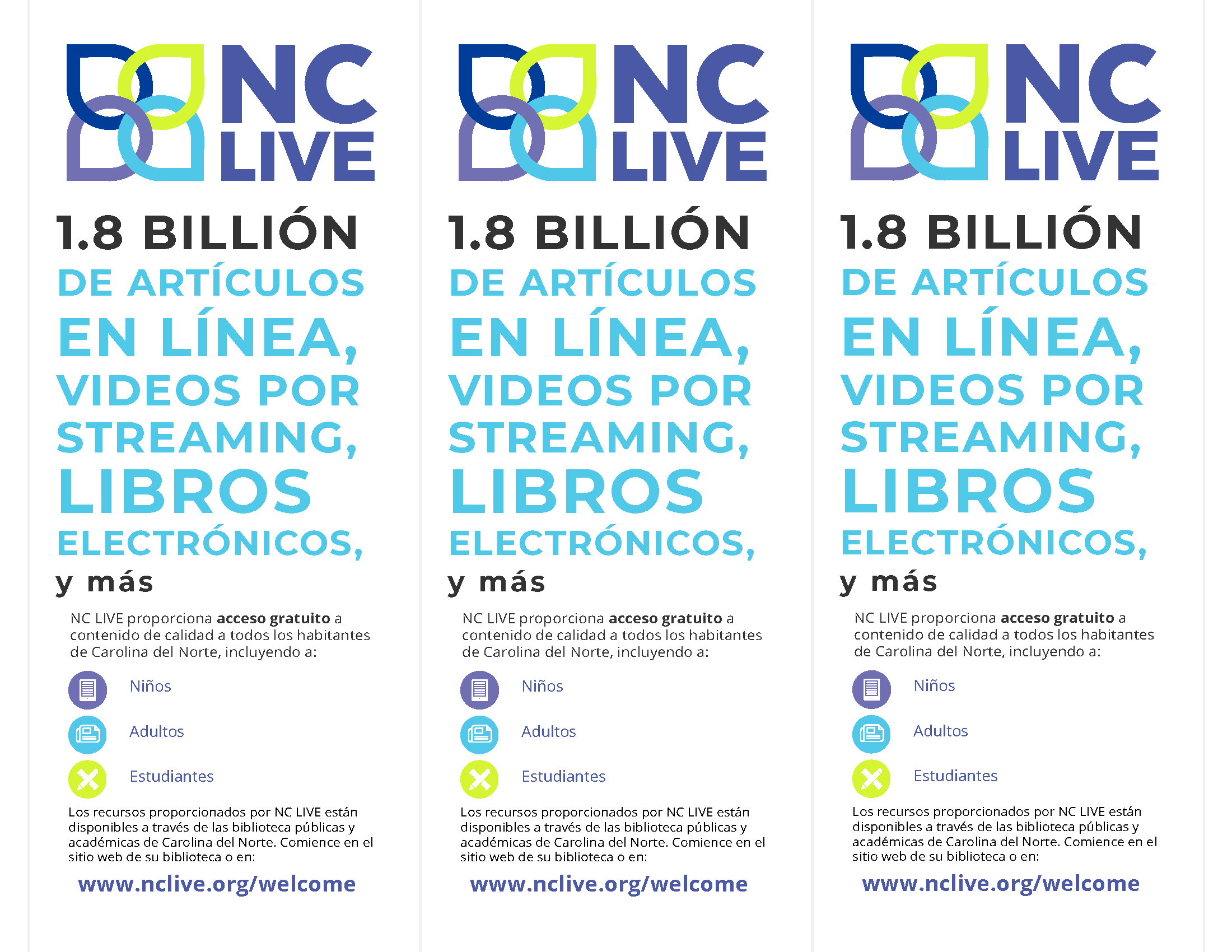 Three rack cards with information about NC LIVE resources in Spanish.