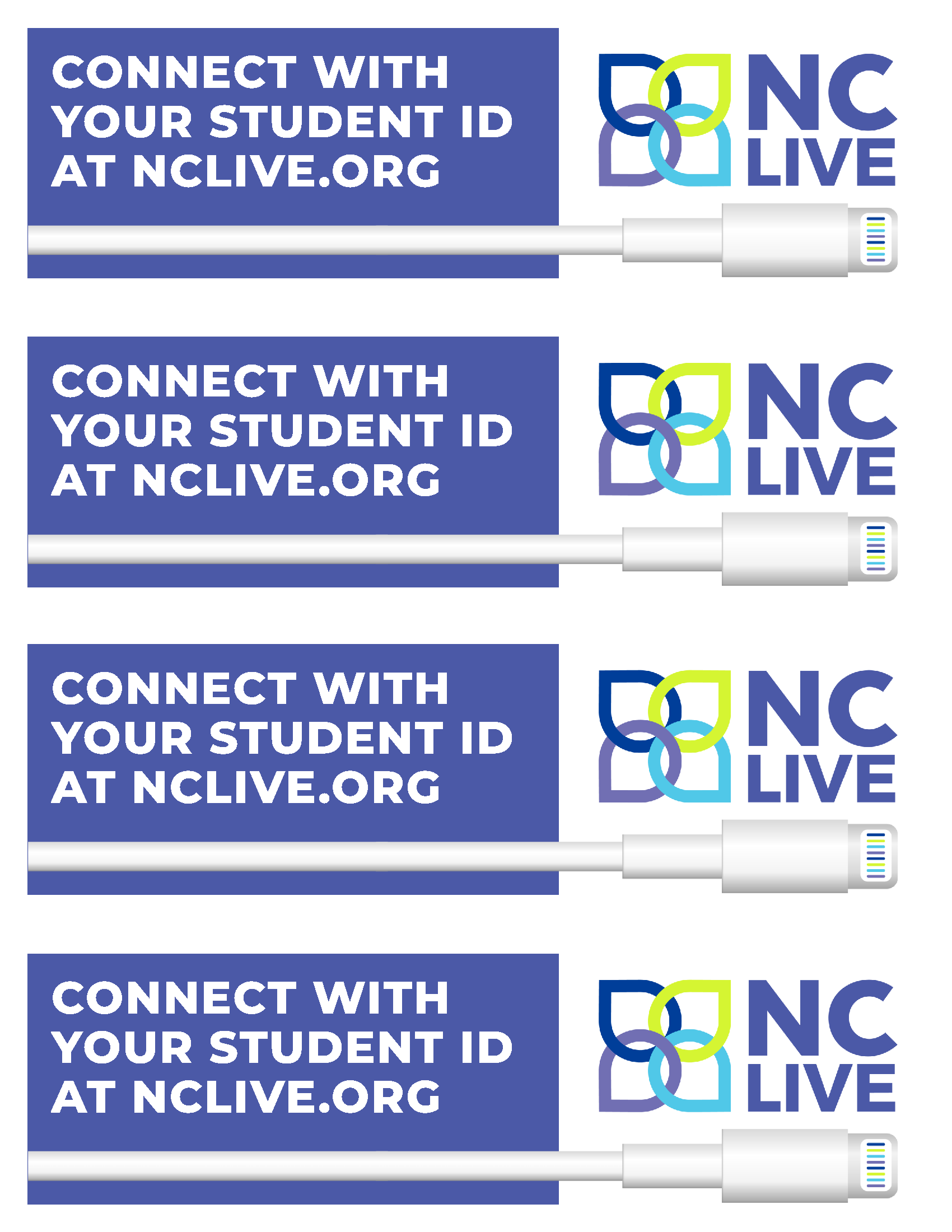 Four purple and white bookmarks with "Connect with your Student ID to NC LIVE."