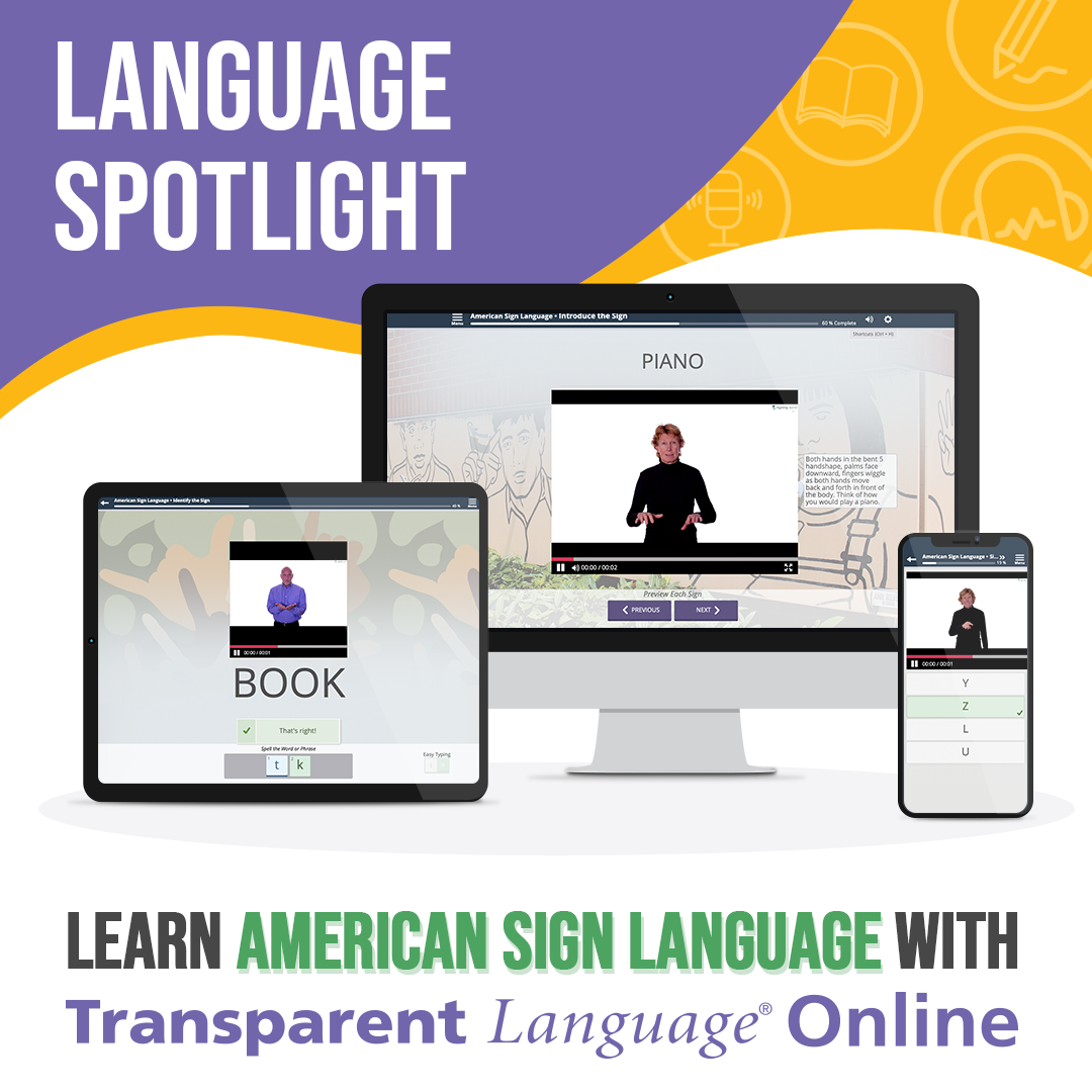 A tablet, computer, and phone showing Transparent Language's American Sign Language course.