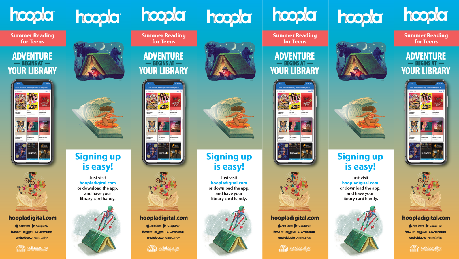 Several blue and yellow gradient bookmarks with a phone showing the hoopla app.