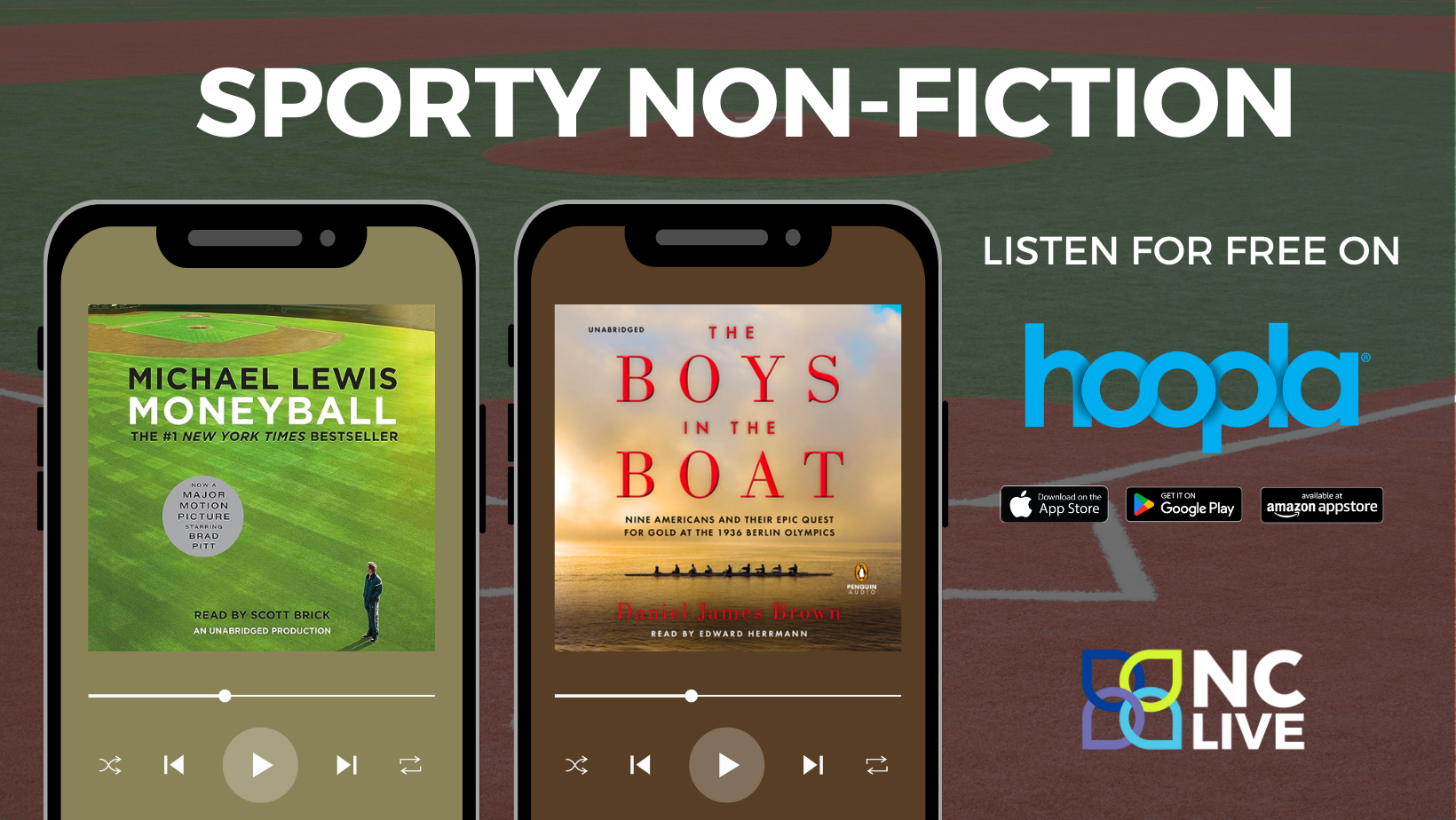 Two phones showing sporty audiobooks next to a hoopla logo.