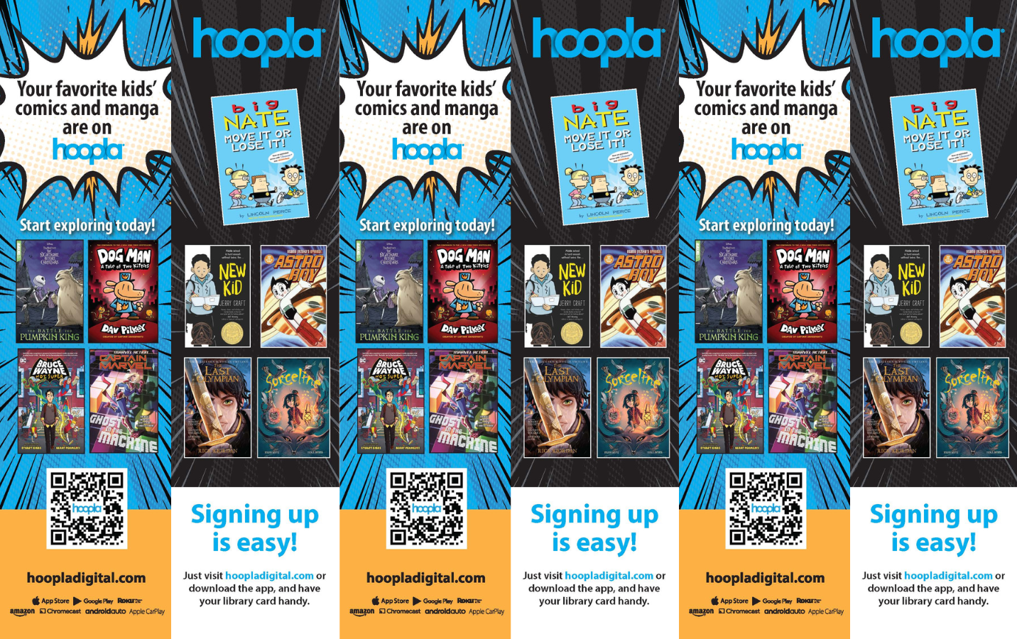 Blue and black bookmarks with covers of kids' comic books.