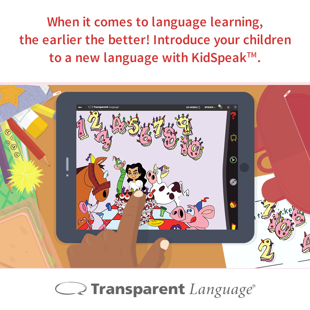 A tablet showing a game within the Transparent Language Kidspeak platform.