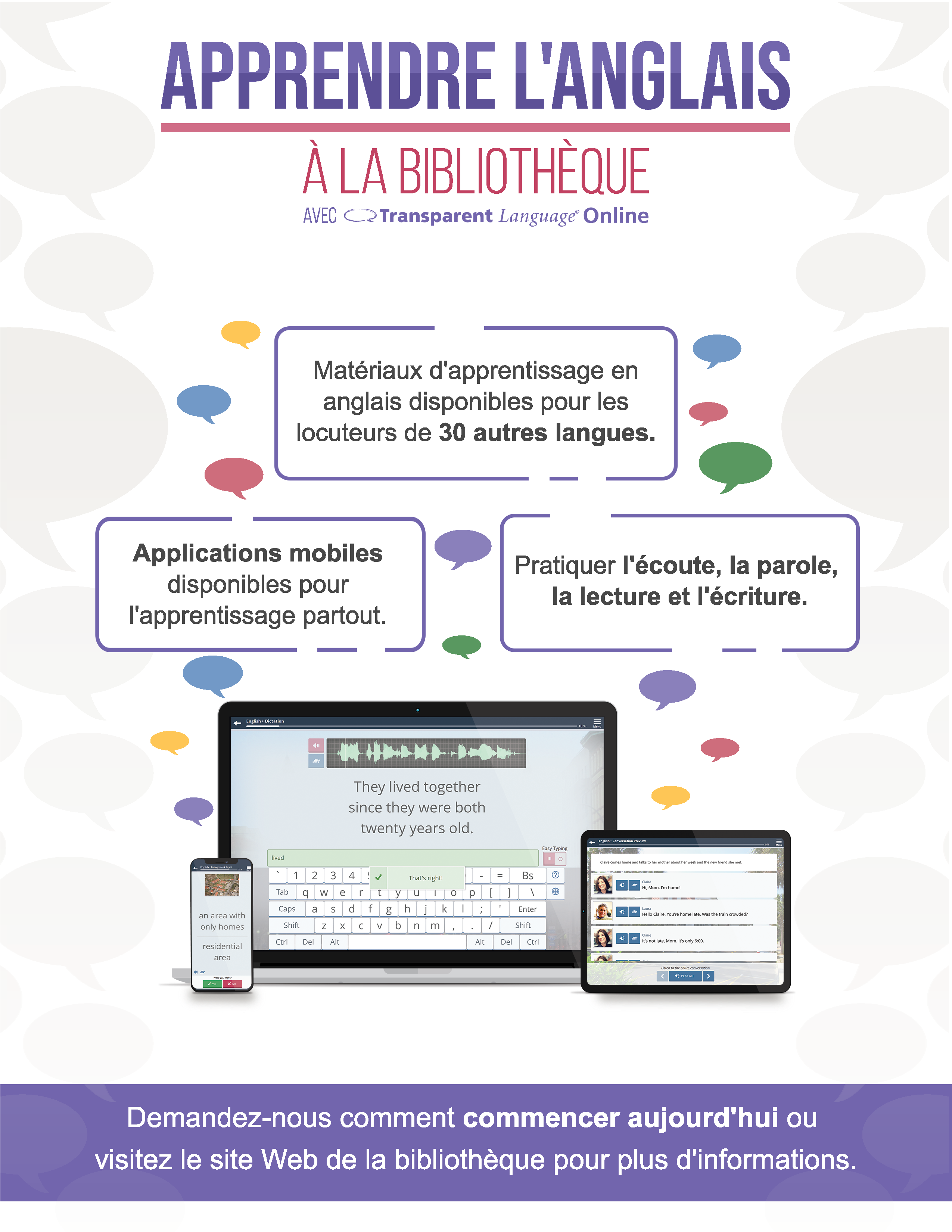 Information about learning English through Transparent Language in French.