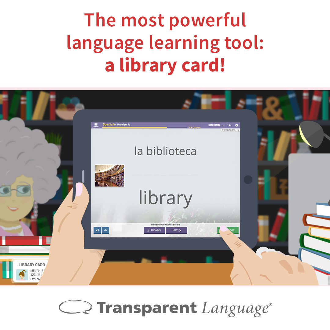 A tablet with Transparent Language translating "la biblioteca" to "library" to encourage library card sign ups.