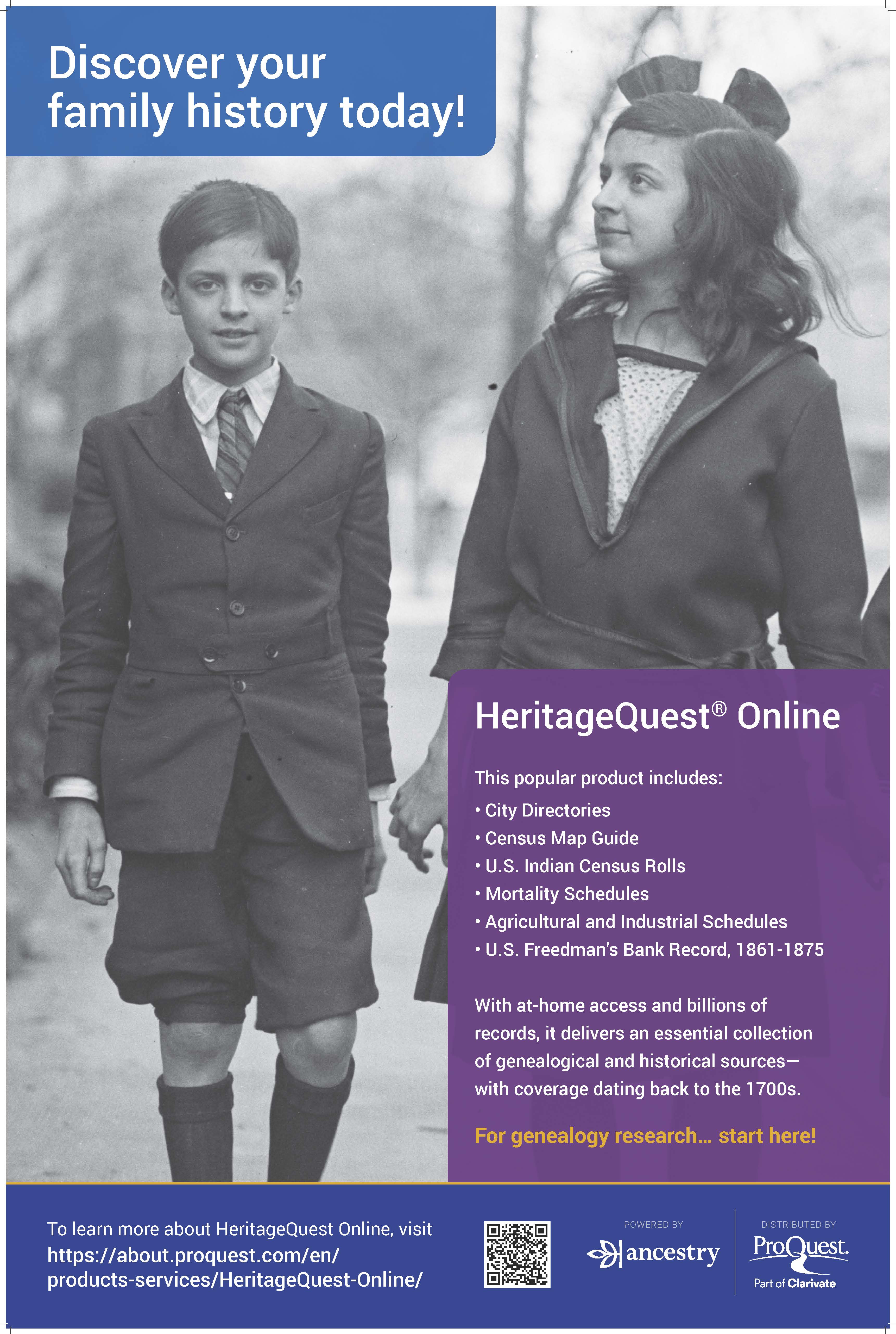 Two children standing behind blurbs about HeritageQuest.