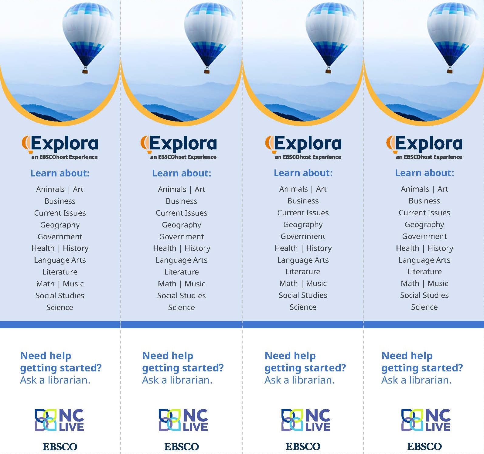 Four blue Explora bookmarks with hot air balloons at the top.