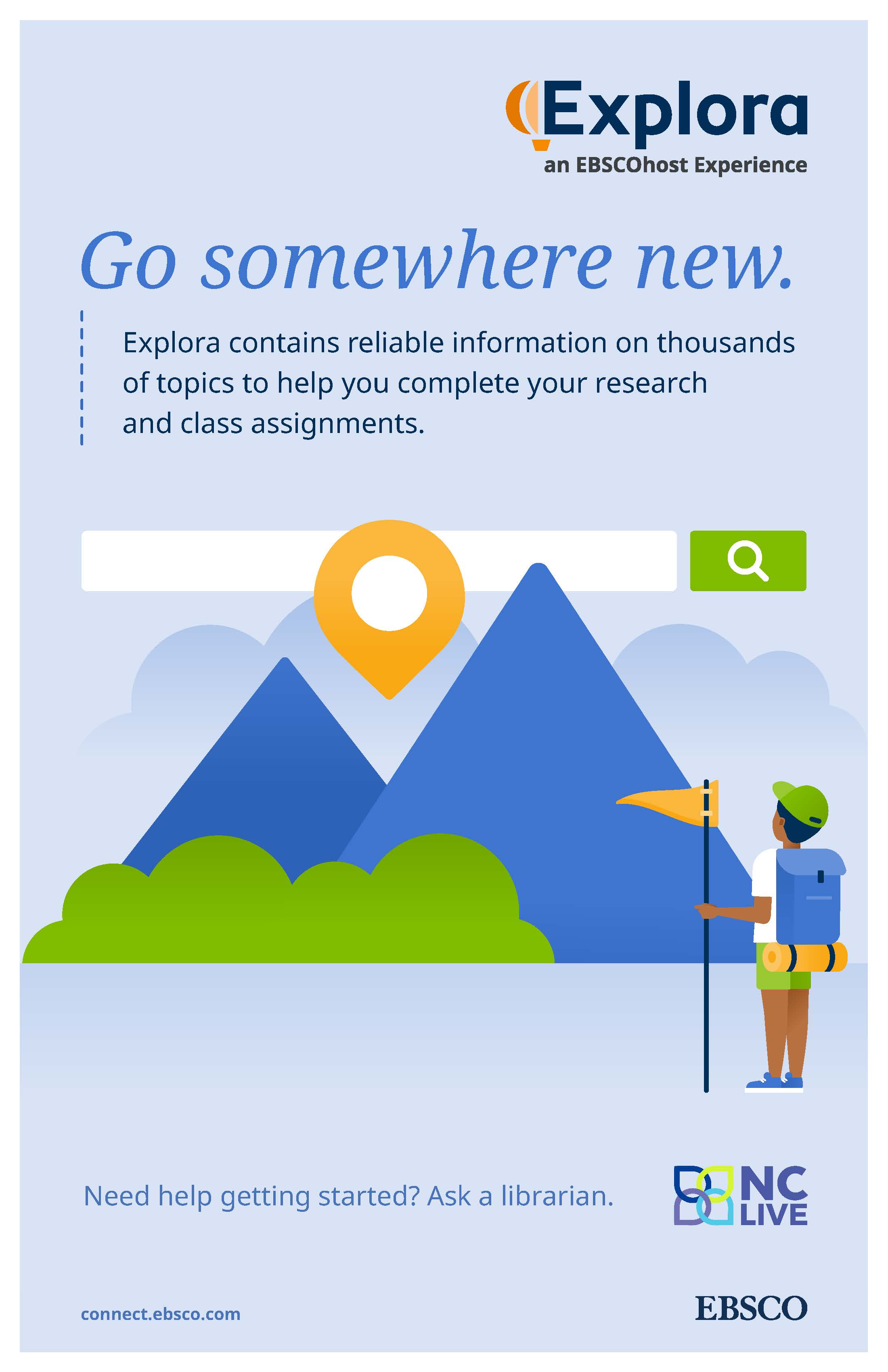 A blue poster with cartoon mountains and a search bar above them with the text "Go somewhere new."