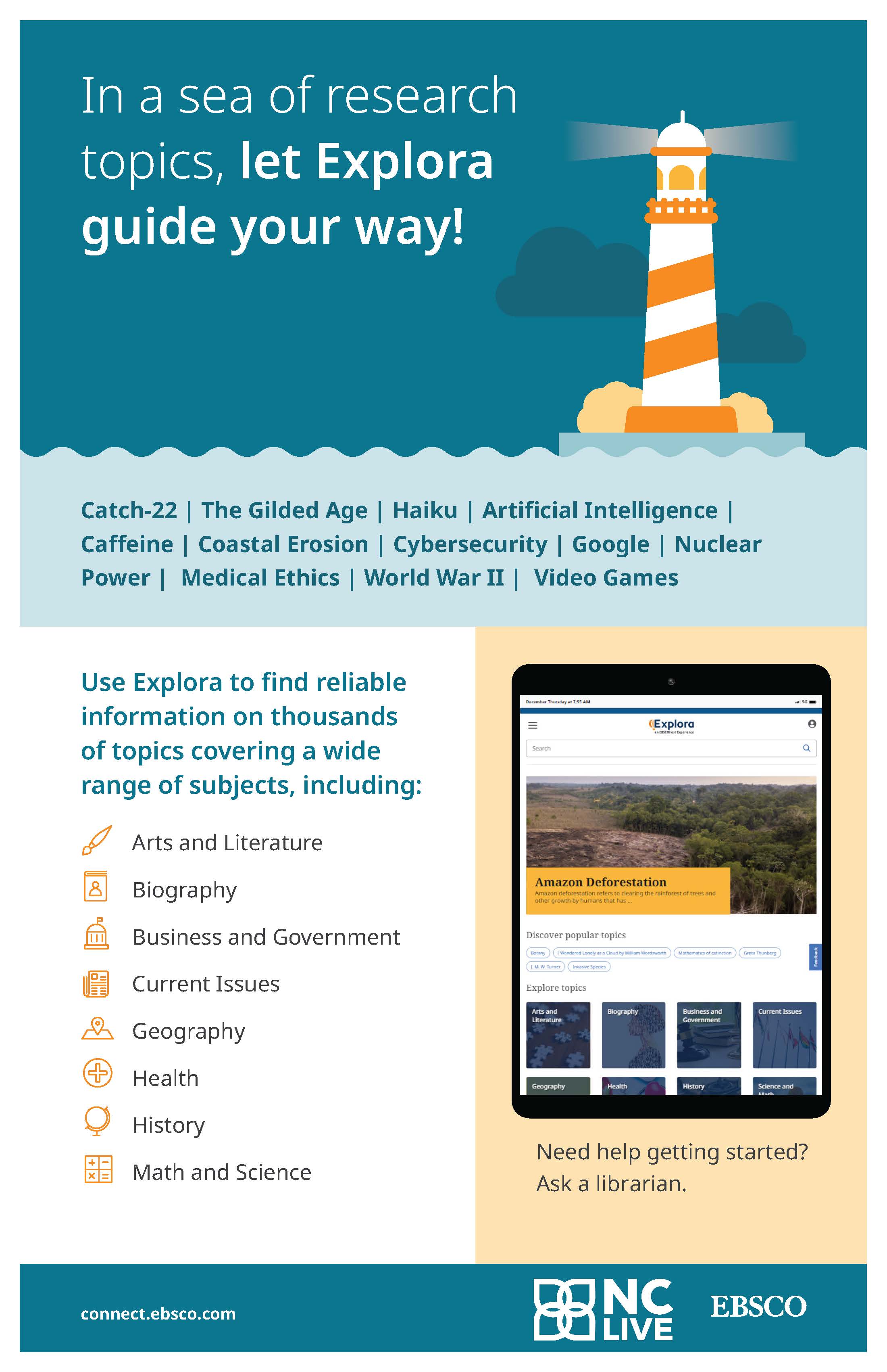 A poster with a cartoon lighthouse and information about Explora.