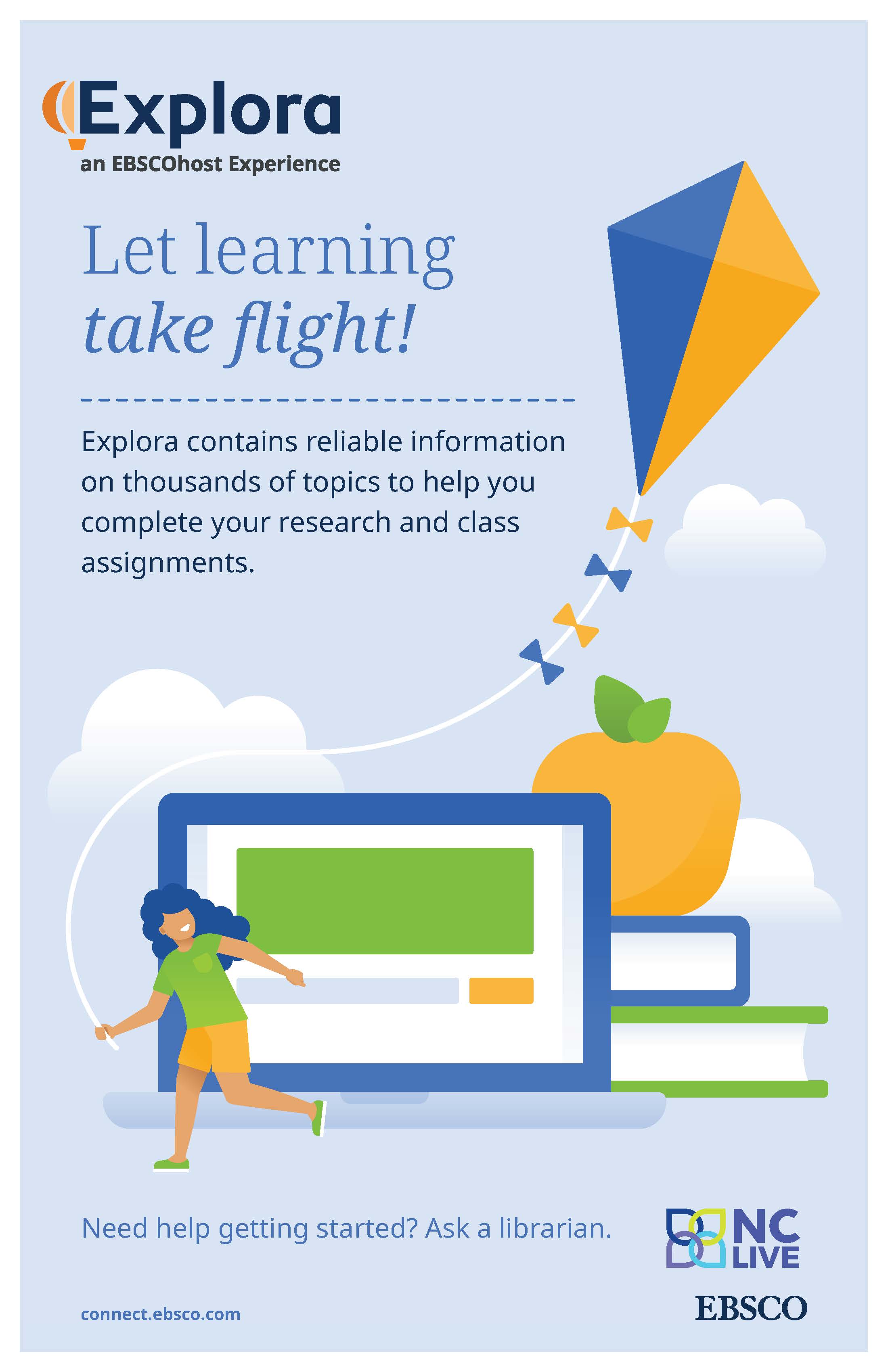 A blue poster with a cartoon of a person flying a kite in front of a large computer screen.