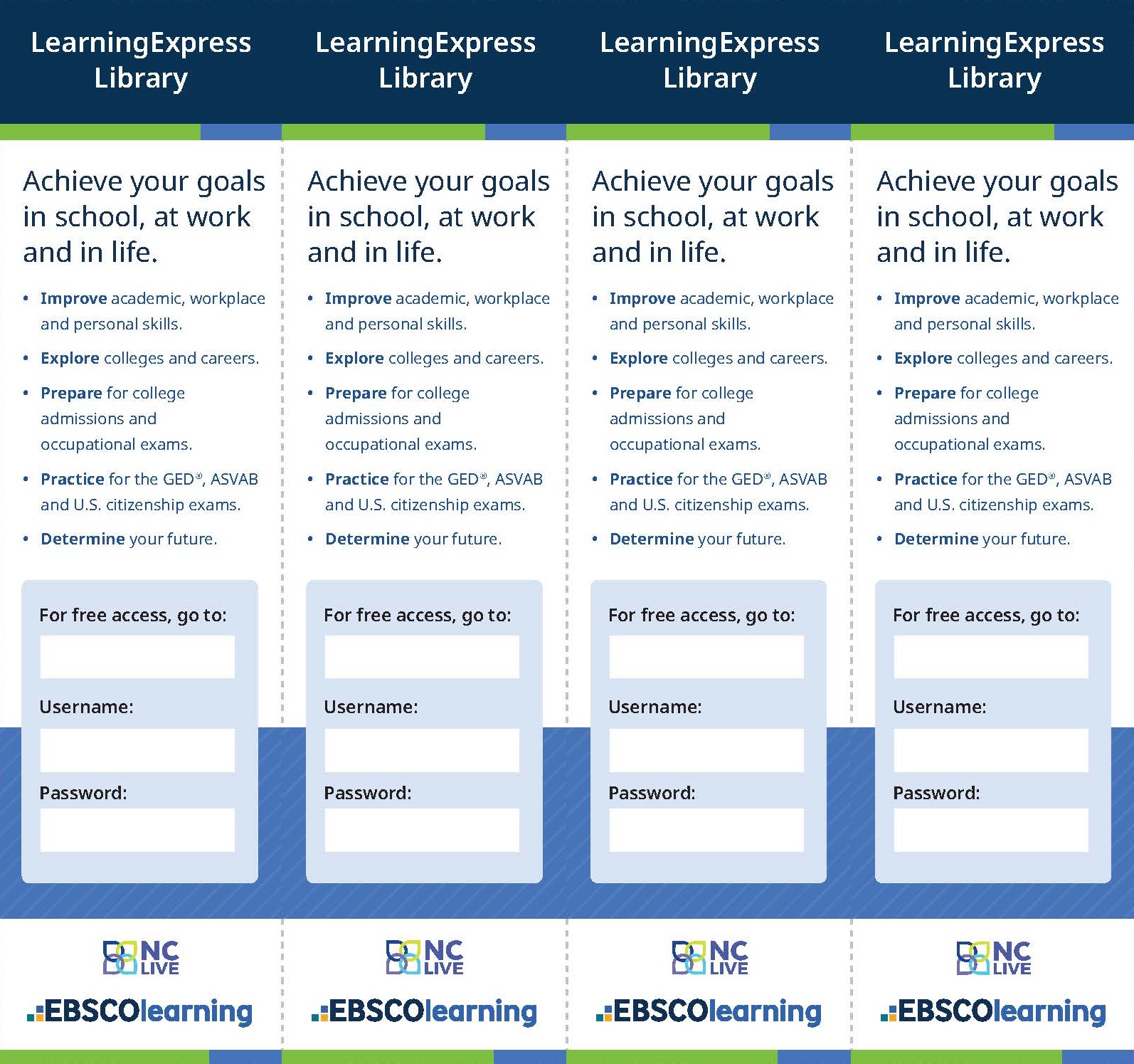 Four white, blue, and green bookmarks with login information for LearningExpress.