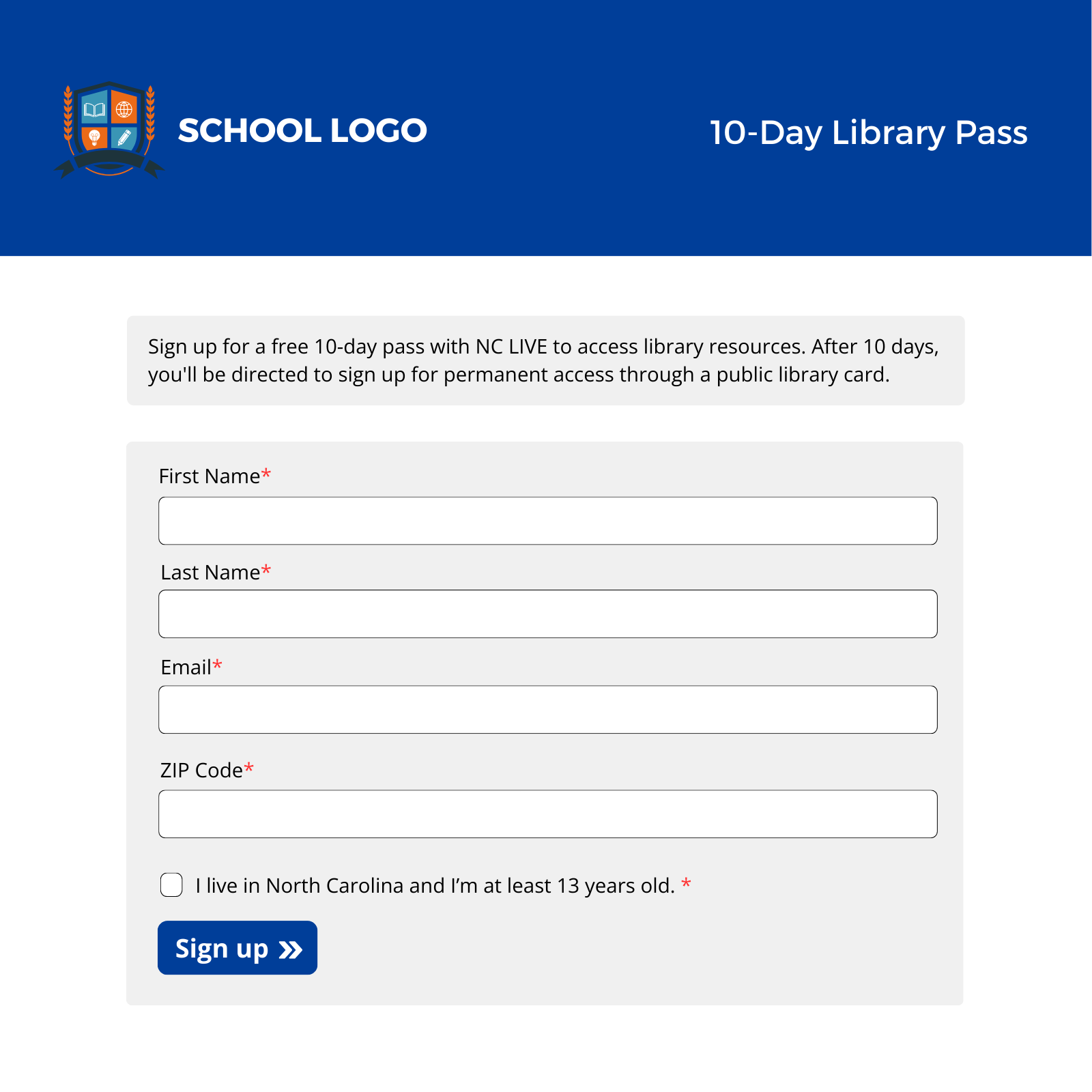 A form with a fake school logo at the top and boxes for name, email, and ZIP code.