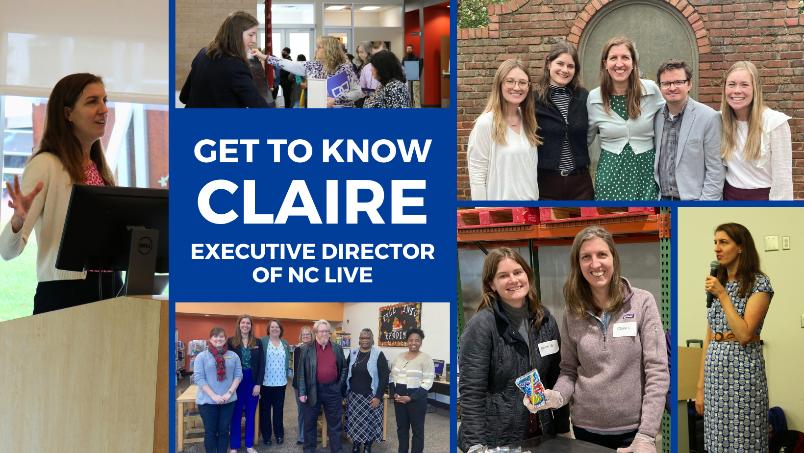 Six photos of Claire Leverett doing activities with library staff members collaged around a blue box that says, "Get to Know Claire."