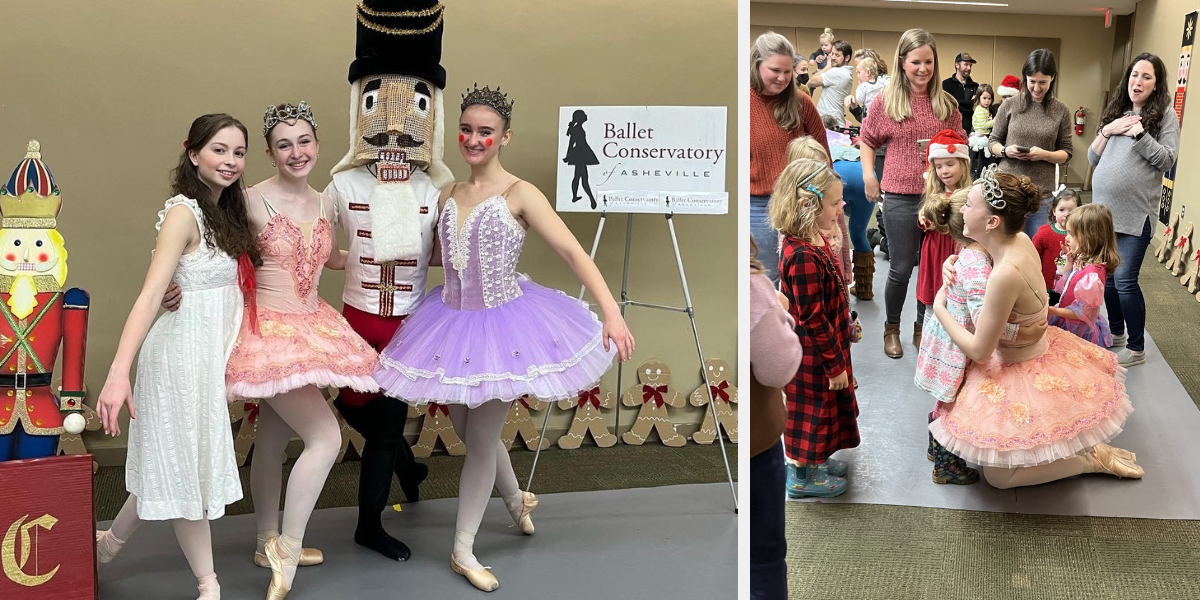 Two photos of ballerinas dressed as characters from The Nutcracker ballet. In the photo on the right, they are hugging children inside a library.
