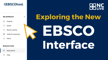 A white menu bar on the left side with a large cursor icon scrolling near it. Text reads, "Exploring the new EBSCO Interface."