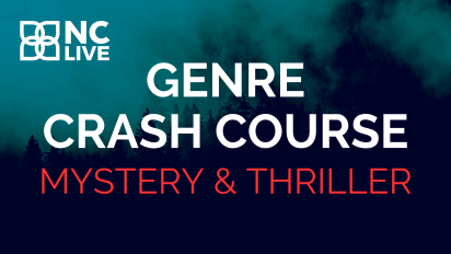 A spooky, smoky blue background with text reading, "Genre crash course: mystery & thriller."