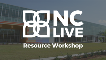 A white NC LIVE logo superimposed over a dark photo of the Forsyth County Public Library.