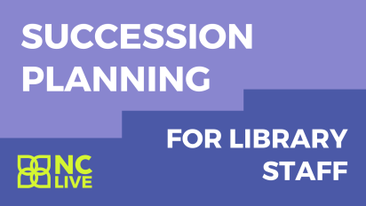 A purple abstract staircase with white text reading, "Succession planning for library staff."