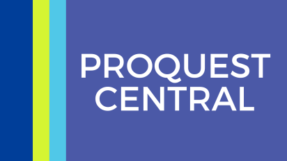 Three blue and green stripes on the left side of a purple background. White text reads, "ProQuest Central."